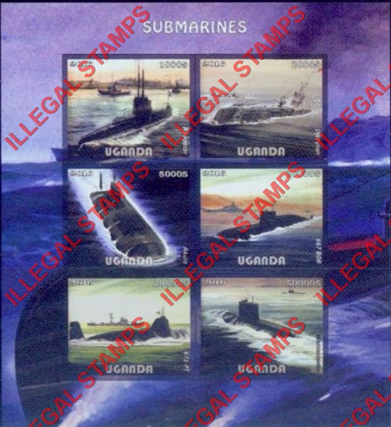 Uganda 2016 Submarines Illegal Stamp Souvenir Sheet of 6 Uganda 2016 Submarines Illegal Stamp Souvenir Sheet of 6