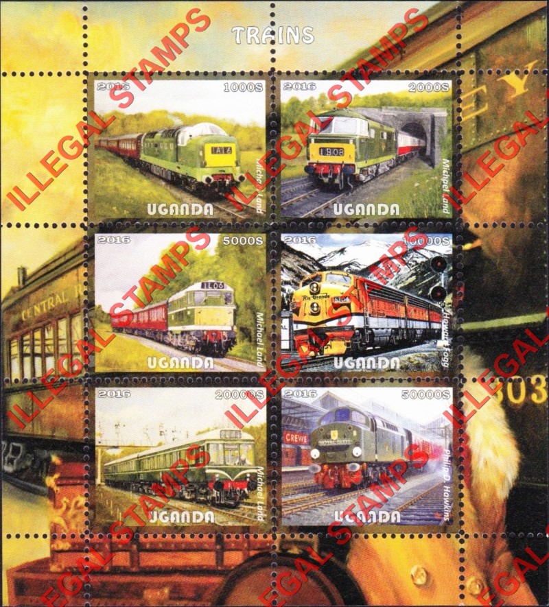 Uganda 2016 Trains Illegal Stamp Souvenir Sheet of 6 Uganda 2016 Trains Illegal Stamp Souvenir Sheet of 6