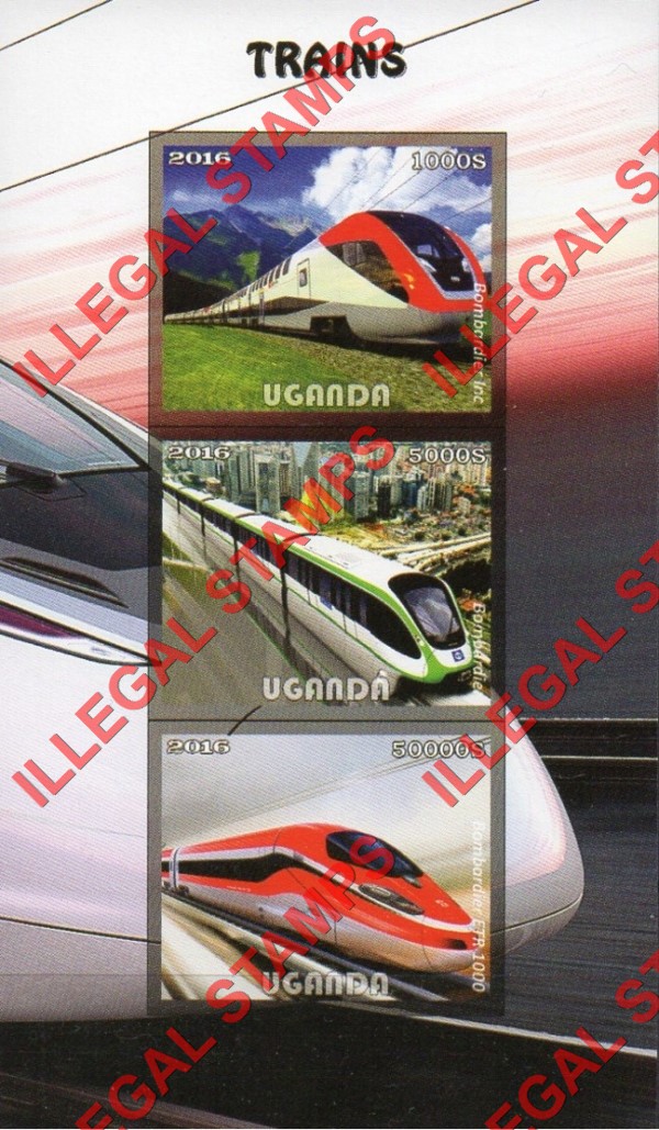 Uganda 2016 Trains Illegal Stamp Souvenir Sheet of 3 Uganda 2016 Trains Illegal Stamp Souvenir Sheet of 3