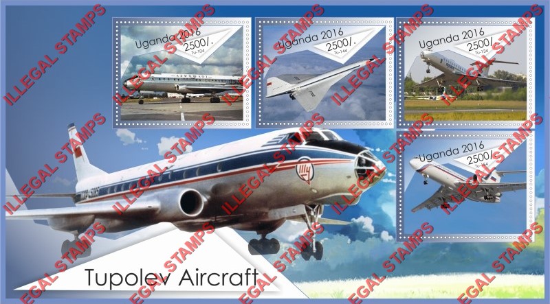 Uganda 2016 Tupolev Aircraft (different a) Illegal Stamp Souvenir Sheet of 4 Uganda 2016 Tupolev Aircraft (different a) Illegal Stamp Souvenir Sheet of 4