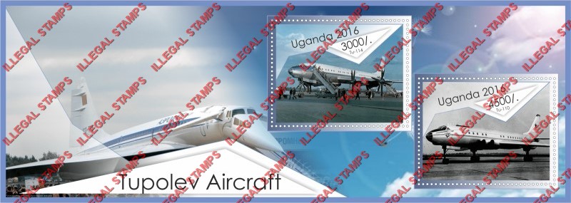 Uganda 2016 Tupolev Aircraft (different a) Illegal Stamp Souvenir Sheet of 2 Uganda 2016 Tupolev Aircraft (different a) Illegal Stamp Souvenir Sheet of 2