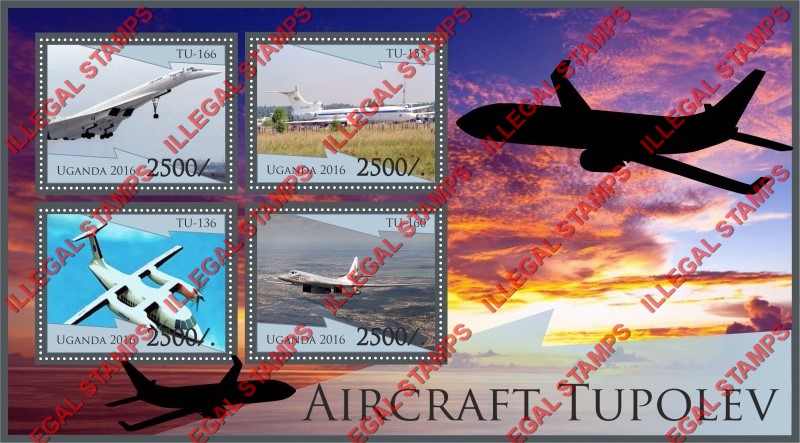 Uganda 2016 Tupolev Aircraft (different b) Illegal Stamp Souvenir Sheet of 4 Uganda 2016 Tupolev Aircraft (different b) Illegal Stamp Souvenir Sheet of 4
