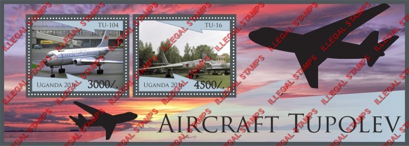 Uganda 2016 Tupolev Aircraft (different b) Illegal Stamp Souvenir Sheet of 2 Uganda 2016 Tupolev Aircraft (different b) Illegal Stamp Souvenir Sheet of 2