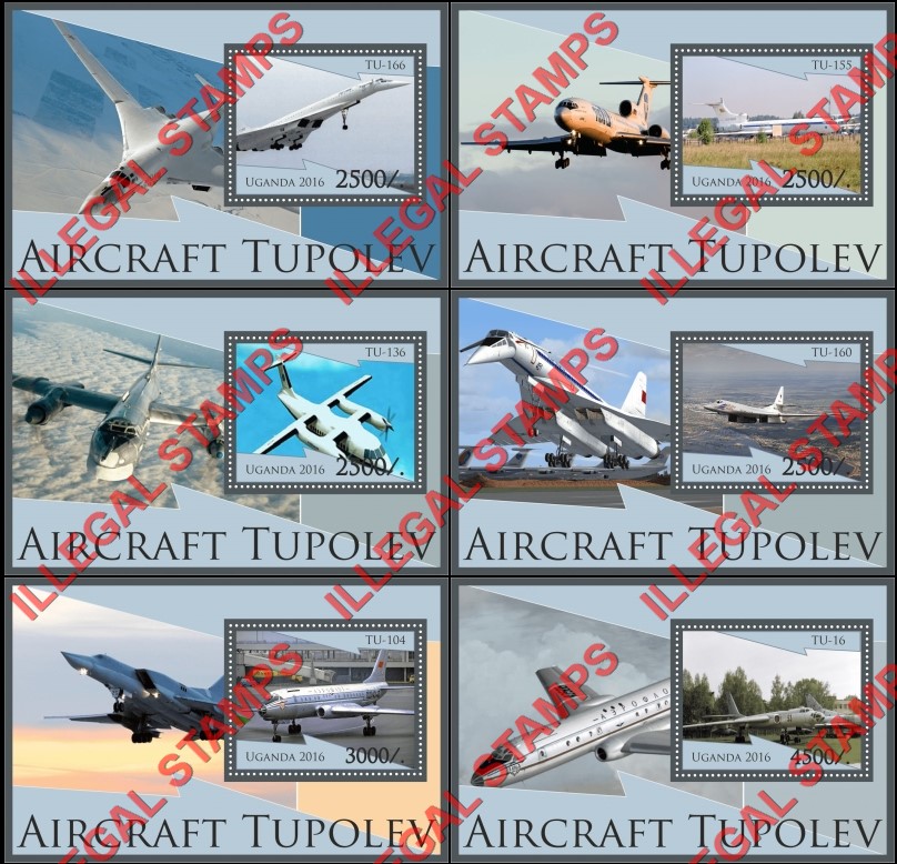Uganda 2016 Tupolev Aircraft (different b) Illegal Stamp Souvenir Sheets of 1 Uganda 2016 Tupolev Aircraft (different b) Illegal Stamp Souvenir Sheets of 1