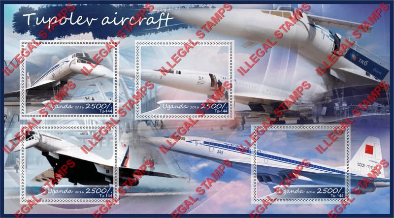 Uganda 2016 Tupolev Aircraft (different) Illegal Stamp Souvenir Sheet of 4 Uganda 2016 Tupolev Aircraft (different) Illegal Stamp Souvenir Sheet of 4