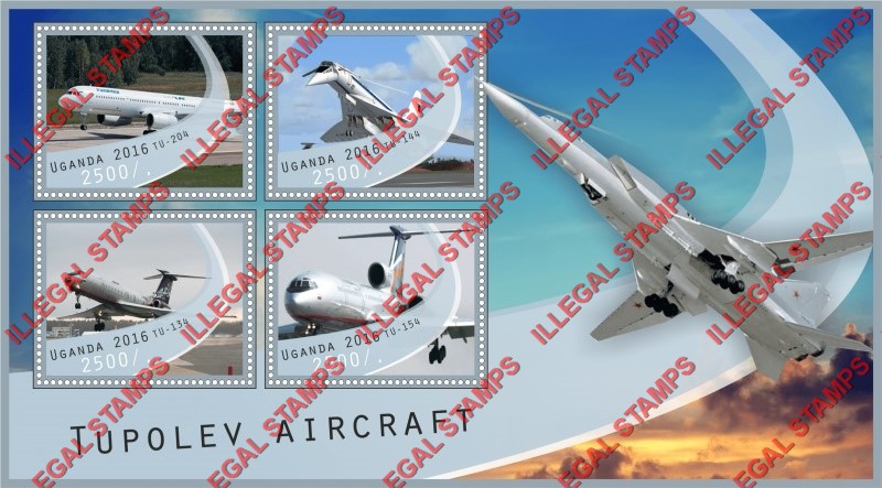 Uganda 2016 Tupolev Aircraft Illegal Stamp Souvenir Sheet of 4 Uganda 2016 Tupolev Aircraft Illegal Stamp Souvenir Sheet of 4