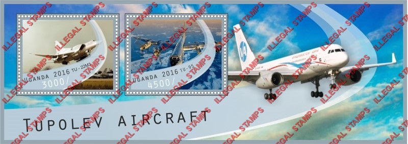 Uganda 2016 Tupolev Aircraft Illegal Stamp Souvenir Sheet of 2 Uganda 2016 Tupolev Aircraft Illegal Stamp Souvenir Sheet of 2