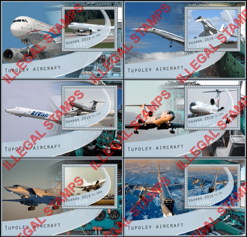 Uganda 2016 Tupolev Aircraft Illegal Stamp Souvenir Sheets of 1 Uganda 2016 Tupolev Aircraft Illegal Stamp Souvenir Sheets of 1