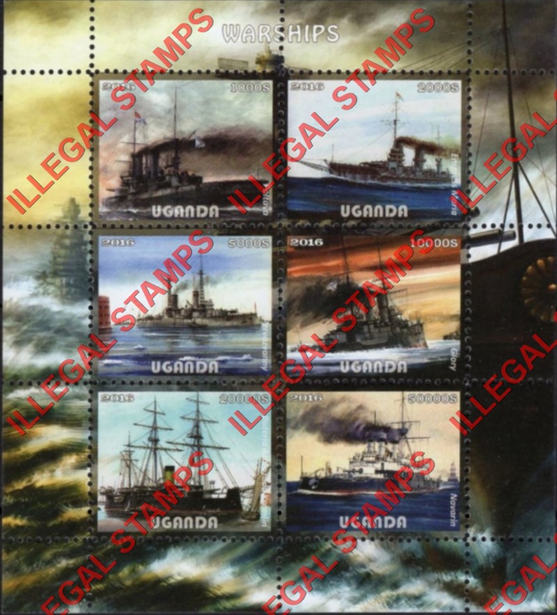 Uganda 2016 Warships Illegal Stamp Souvenir Sheet of 6 (Sheet 1) Uganda 2016 Warships Illegal Stamp Souvenir Sheet of 6 (Sheet 1)