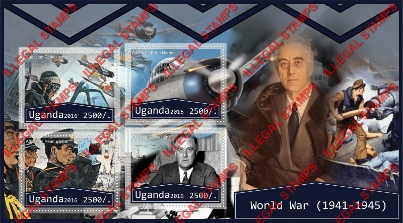 Uganda 2016 World War II Attack on Pearl Harbor Illegal Stamp Souvenir Sheet of 4 Uganda 2016 World War II Attack on Pearl Harbor Illegal Stamp Souvenir Sheet of 4