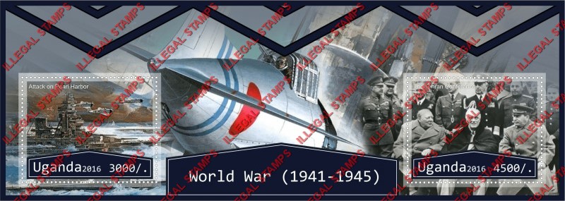 Uganda 2016 World War II Attack on Pearl Harbor Illegal Stamp Souvenir Sheet of 2 Uganda 2016 World War II Attack on Pearl Harbor Illegal Stamp Souvenir Sheet of 2