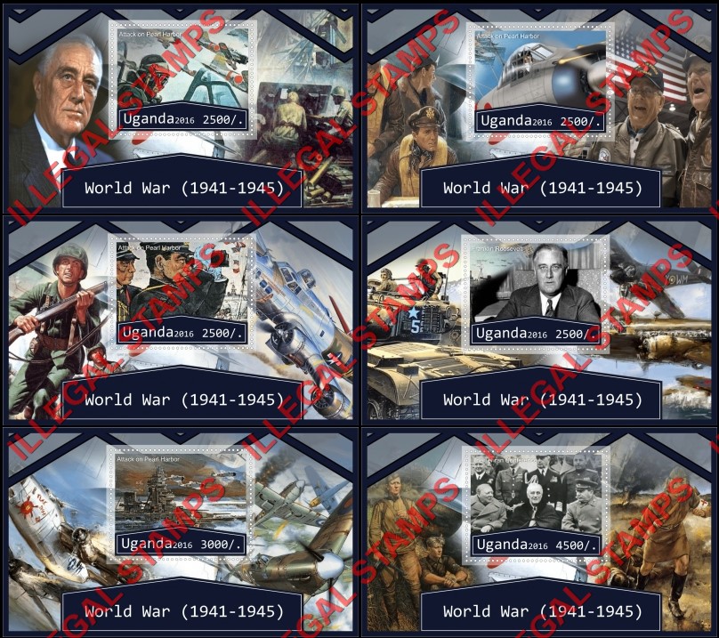 Uganda 2016 World War II Attack on Pearl Harbor Illegal Stamp Souvenir Sheets of 1 Uganda 2016 World War II Attack on Pearl Harbor Illegal Stamp Souvenir Sheets of 1