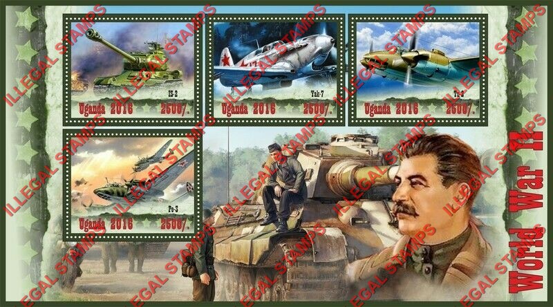 Uganda 2016 World War II Illegal Stamp Souvenir Sheet of 4 Uganda 2016 World War II Illegal Stamp Souvenir Sheet of 4