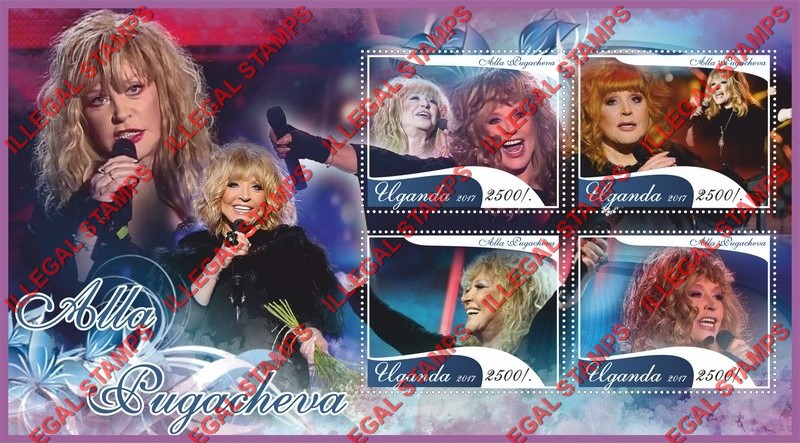 Uganda 2017 Alla Pugacheva Russian Singer Illegal Stamp Souvenir Sheet of 4 Uganda 2017 Alla Pugacheva Russian Singer Illegal Stamp Souvenir Sheet of 4