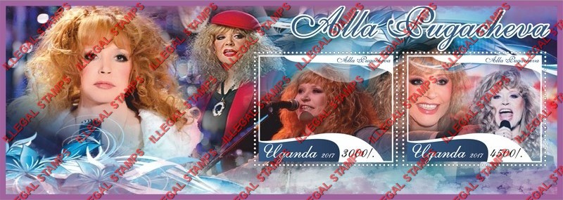 Uganda 2017 Alla Pugacheva Russian Singer Illegal Stamp Souvenir Sheet of 2 Uganda 2017 Alla Pugacheva Russian Singer Illegal Stamp Souvenir Sheet of 2