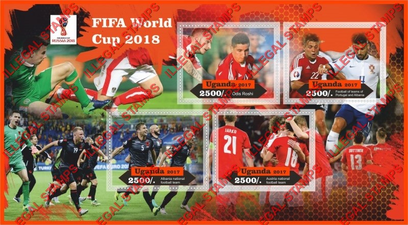 Uganda 2017 FIFA World Cup Soccer in 2018 Illegal Stamp Souvenir Sheet of 4 Uganda 2017 FIFA World Cup Soccer in 2018 Illegal Stamp Souvenir Sheet of 4