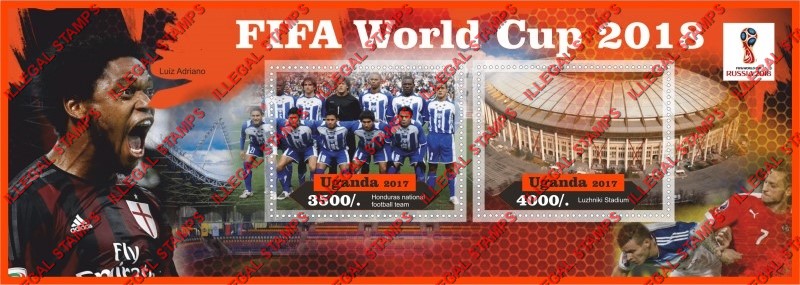 Uganda 2017 FIFA World Cup Soccer in 2018 Illegal Stamp Souvenir Sheet of 2 Uganda 2017 FIFA World Cup Soccer in 2018 Illegal Stamp Souvenir Sheet of 2