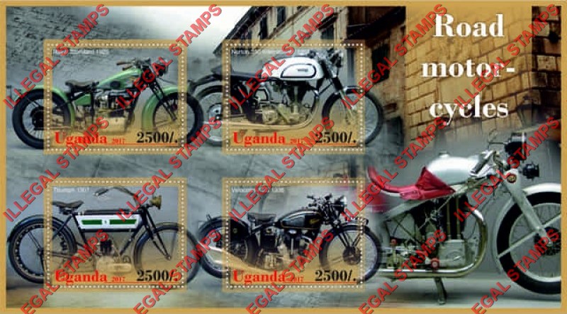 Uganda 2017 Motorcycles Illegal Stamp Souvenir Sheet of 4 Uganda 2017 Motorcycles Illegal Stamp Souvenir Sheet of 4