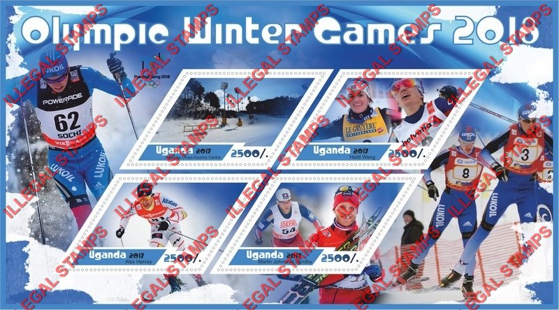 Uganda 2017 Olympic Games in PyeongChang in 2018 (different) Illegal Stamp Souvenir Sheet of 4 Uganda 2017 Olympic Games in PyeongChang in 2018 (different) Illegal Stamp Souvenir Sheet of 4