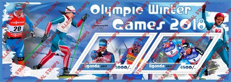 Uganda 2017 Olympic Games in PyeongChang in 2018 (different) Illegal Stamp Souvenir Sheet of 2 Uganda 2017 Olympic Games in PyeongChang in 2018 (different) Illegal Stamp Souvenir Sheet of 2