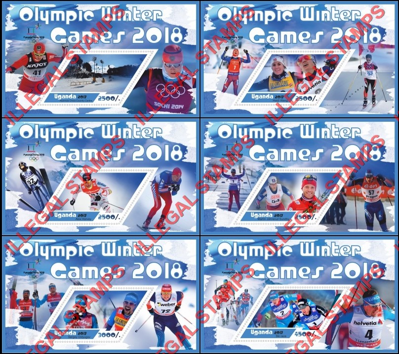 Uganda 2017 Olympic Games in PyeongChang in 2018 (different) Illegal Stamp Souvenir Sheets of 1 Uganda 2017 Olympic Games in PyeongChang in 2018 (different) Illegal Stamp Souvenir Sheets of 1