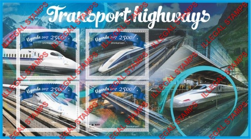 Uganda 2017 Transport Highways Shinkansen High Speed Train Illegal Stamp Souvenir Sheet of 4 Uganda 2017 Transport Highways Shinkansen High Speed Train Illegal Stamp Souvenir Sheet of 4