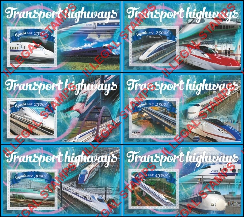Uganda 2017 Transport Highways Shinkansen High Speed Train Illegal Stamp Souvenir Sheets of 1 Uganda 2017 Transport Highways Shinkansen High Speed Train Illegal Stamp Souvenir Sheets of 1