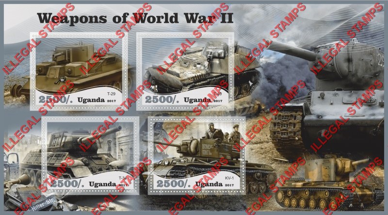 Uganda 2017 Weapons of World War II Tanks Illegal Stamp Souvenir Sheet of 4 Uganda 2017 Weapons of World War II Tanks Illegal Stamp Souvenir Sheet of 4