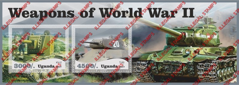 Uganda 2017 Weapons of World War II Tanks Illegal Stamp Souvenir Sheet of 2 Uganda 2017 Weapons of World War II Tanks Illegal Stamp Souvenir Sheet of 2