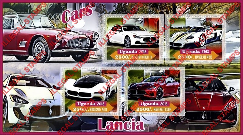 Uganda 2018 Cars Lancia Maserati Illegal Stamp Souvenir Sheet of 4 Uganda 2018 Cars Lancia Maserati Illegal Stamp Souvenir Sheet of 4