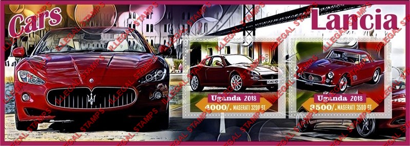 Uganda 2018 Cars Lancia Maserati Illegal Stamp Souvenir Sheet of 2 Uganda 2018 Cars Lancia Maserati Illegal Stamp Souvenir Sheet of 2