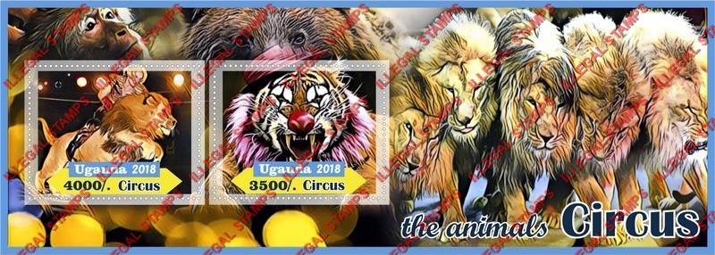 Uganda 2018 Circus Animals Illegal Stamp Souvenir Sheet of 2 Uganda 2018 Circus Animals Illegal Stamp Souvenir Sheet of 2
