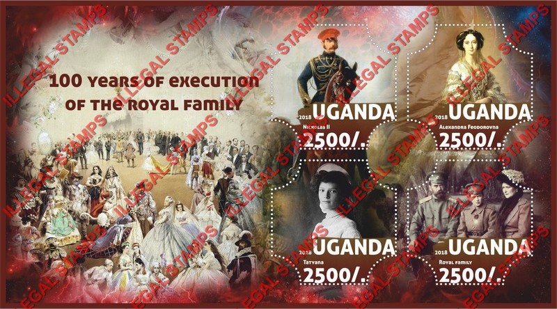 Uganda 2018 Execution of the Russian Royal Family Illegal Stamp Souvenir Sheet of 4 Uganda 2018 Execution of the Russian Royal Family Illegal Stamp Souvenir Sheet of 4