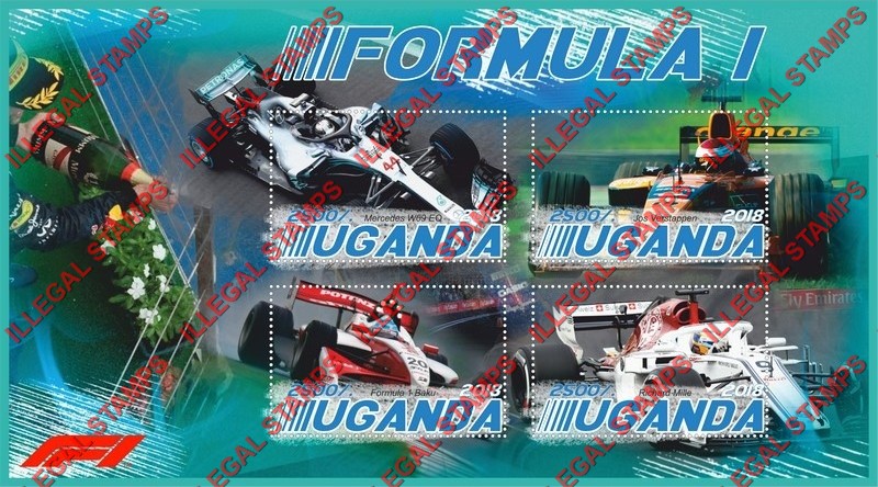 Uganda 2018 Formula I Race Cars Illegal Stamp Souvenir Sheet of 4 Uganda 2018 Formula I Race Cars Illegal Stamp Souvenir Sheet of 4