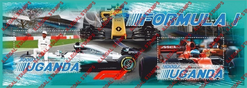 Uganda 2018 Formula I Race Cars Illegal Stamp Souvenir Sheet of 2 Uganda 2018 Formula I Race Cars Illegal Stamp Souvenir Sheet of 2