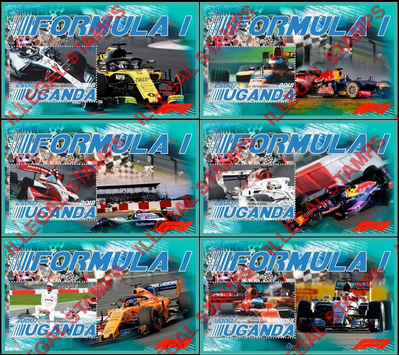 Uganda 2018 Formula I Race Cars Illegal Stamp Souvenir Sheets of 1 Uganda 2018 Formula I Race Cars Illegal Stamp Souvenir Sheets of 1