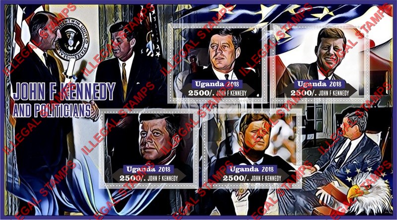 Uganda 2018 John F. Kennedy and Politicians Illegal Stamp Souvenir Sheet of 4 Uganda 2018 John F. Kennedy and Politicians Illegal Stamp Souvenir Sheet of 4