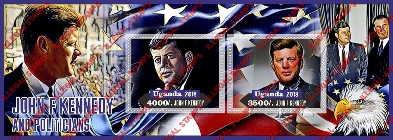 Uganda 2018 John F. Kennedy and Politicians Illegal Stamp Souvenir Sheet of 2 Uganda 2018 John F. Kennedy and Politicians Illegal Stamp Souvenir Sheet of 2