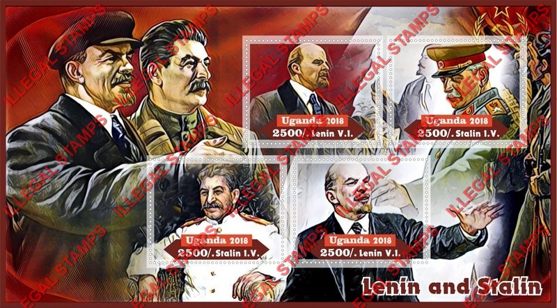 Uganda 2018 Lenin and Stalin (different) Illegal Stamp Souvenir Sheet of 4 Uganda 2018 Lenin and Stalin (different) Illegal Stamp Souvenir Sheet of 4