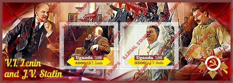 Uganda 2018 Lenin and Stalin Illegal Stamp Souvenir Sheet of 2 Uganda 2018 Lenin and Stalin Illegal Stamp Souvenir Sheet of 2