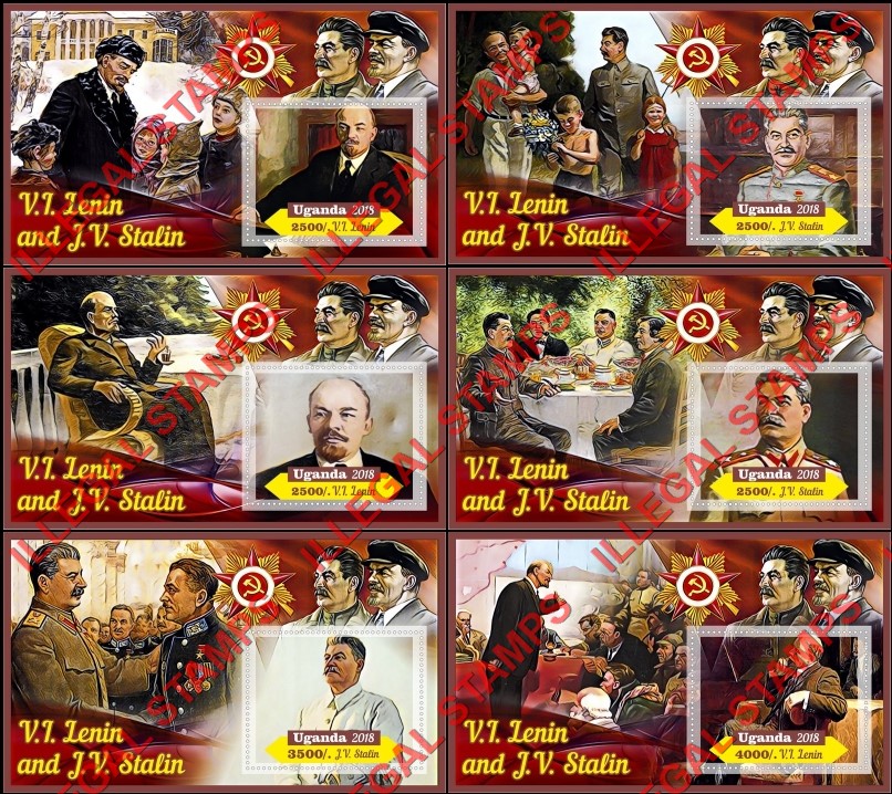 Uganda 2018 Lenin and Stalin Illegal Stamp Souvenir Sheets of 1 Uganda 2018 Lenin and Stalin Illegal Stamp Souvenir Sheets of 1