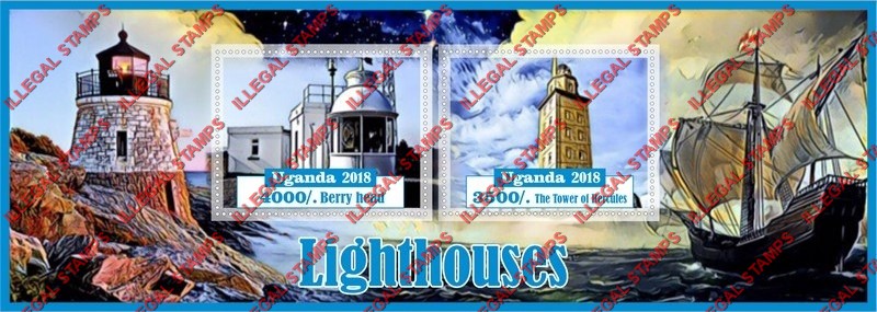 Uganda 2018 Lighthouses (different) Illegal Stamp Souvenir Sheet of 2 Uganda 2018 Lighthouses (different) Illegal Stamp Souvenir Sheet of 2