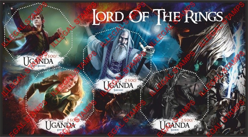 Uganda 2018 Lord of the Rings Illegal Stamp Souvenir Sheet of 4 Uganda 2018 Lord of the Rings Illegal Stamp Souvenir Sheet of 4
