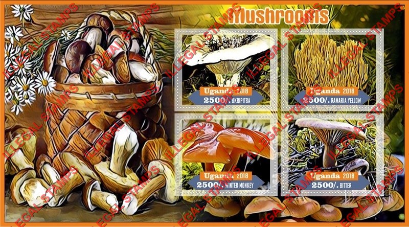 Uganda 2018 Mushrooms (different) Illegal Stamp Souvenir Sheet of 4 Uganda 2018 Mushrooms (different) Illegal Stamp Souvenir Sheet of 4