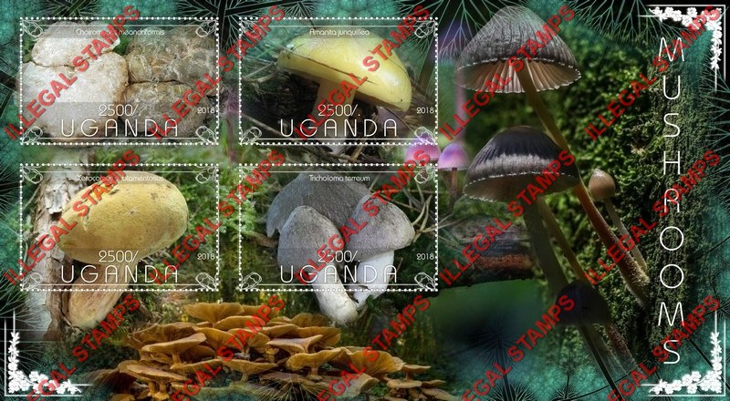 Uganda 2018 Mushrooms Illegal Stamp Souvenir Sheet of 4 Uganda 2018 Mushrooms Illegal Stamp Souvenir Sheet of 4