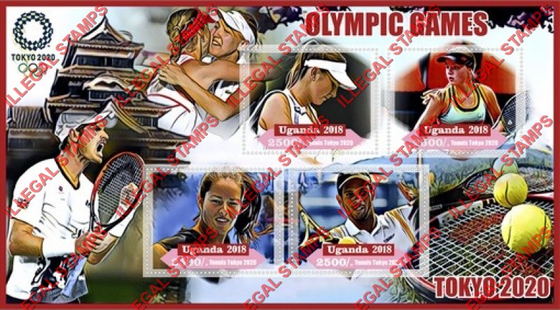 Uganda 2018 Olympic Games in Tokyo 2020 Tennis Illegal Stamp Souvenir Sheet of 4 Uganda 2018 Olympic Games in Tokyo 2020 Tennis Illegal Stamp Souvenir Sheet of 4