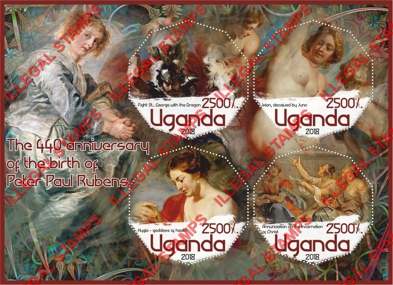 Uganda 2018 Paintings by Peter Paul Rubens Illegal Stamp Souvenir Sheet of 4 Uganda 2018 Paintings by Peter Paul Rubens Illegal Stamp Souvenir Sheet of 4