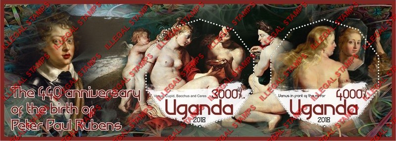 Uganda 2018 Paintings by Peter Paul Rubens Illegal Stamp Souvenir Sheet of 2 Uganda 2018 Paintings by Peter Paul Rubens Illegal Stamp Souvenir Sheet of 2