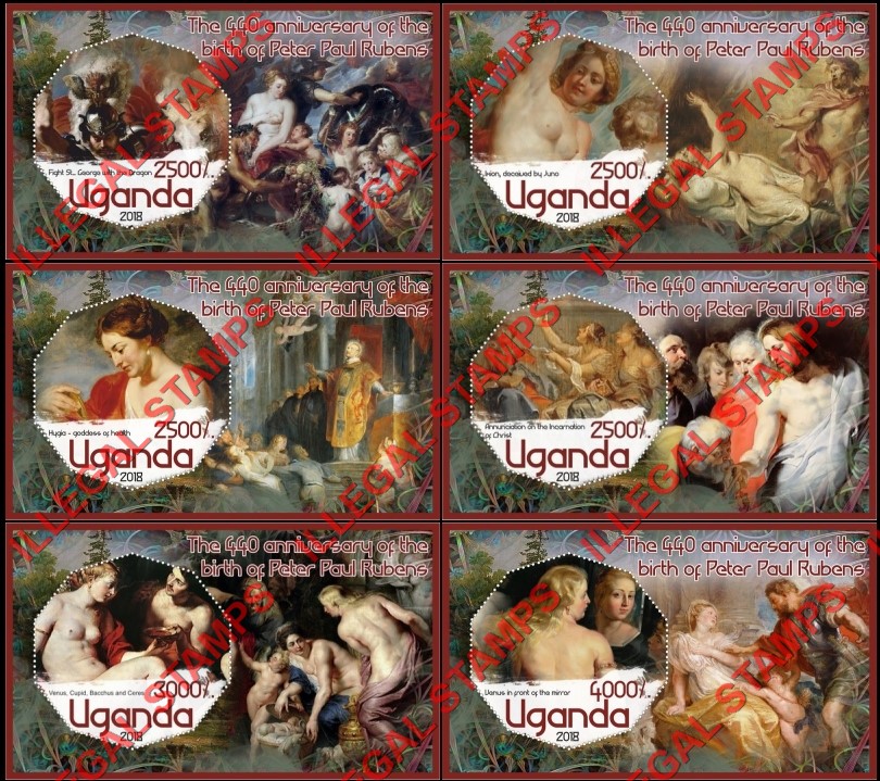 Uganda 2018 Paintings by Peter Paul Rubens Illegal Stamp Souvenir Sheets of 1 Uganda 2018 Paintings by Peter Paul Rubens Illegal Stamp Souvenir Sheets of 1