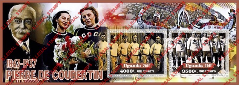 Uganda 2018 Pierre de Coubertin Illegal Stamp Souvenir Sheet of 2 Uganda 2018 Pierre de Coubertin Illegal Stamp Souvenir Sheet of 2